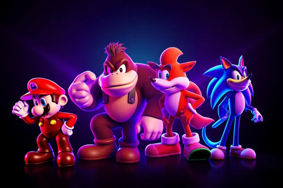 Personagens clássicos: Mario, Donkey Kong, Crash Bandicoot e Sonic com iluminação neon roxa
